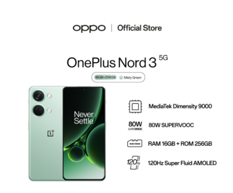 OnePlus Nord 3 5G (16+256) โทรศัพท์มือถือ ชิปเซ็ต MediaTek Dimensity 9000 แบตเตอรี่ 5000mAh 80W Supervooc